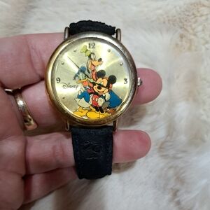 Disney Mickey & Friends Vintage Style Gold Tone Watch with Black Strap